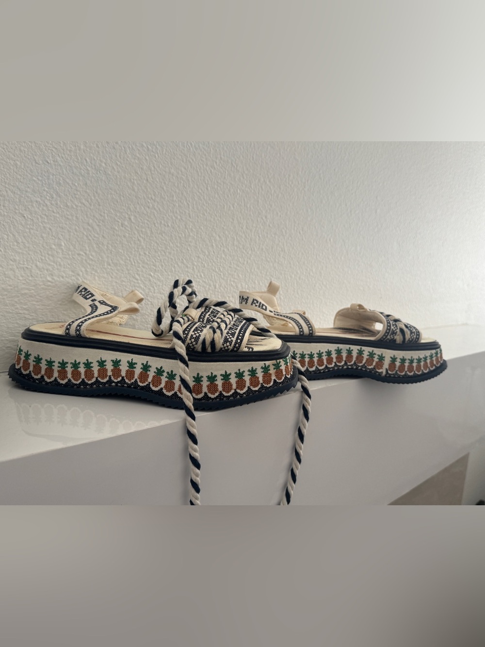 FARM Rio Cream and Navy Embroidered Platform Sandals with Pineapple Trim - Picture 4 of 9